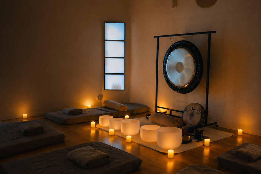 Candlelit Gong Bath room at Alvanda Yoga Studio with a gong, singing bowls, and prepared mats